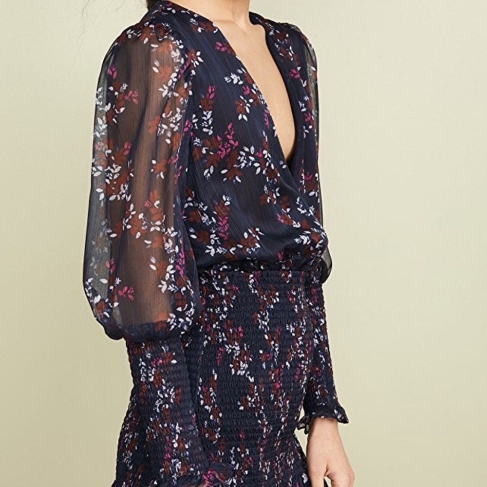 Keepsake Embrace Smocked Longsleeve VNeck Mini Dress Navy Floral Cocktail Sz S - Picture 4 of 12